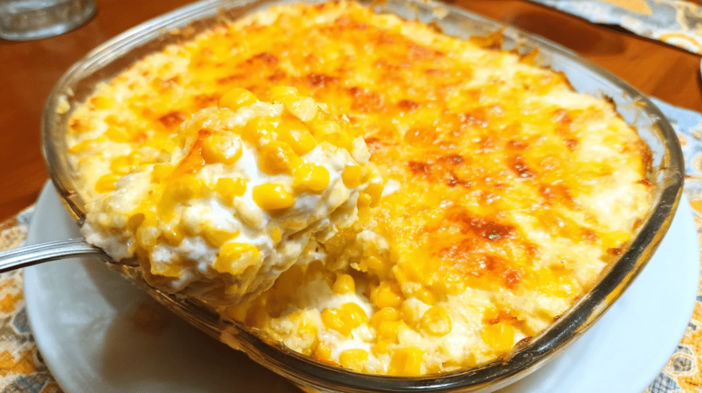 Spoonful of creamy corn casserole lifted from a golden baked dish