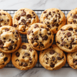 Chocolate chip cookies packed with chocolate chunks on a wire rack in a modern kitchen