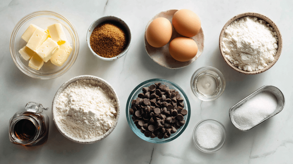 GMA cookie recipes ingredients on a white quartz countertop: butter, flour, sugar, eggs, chocolate chips