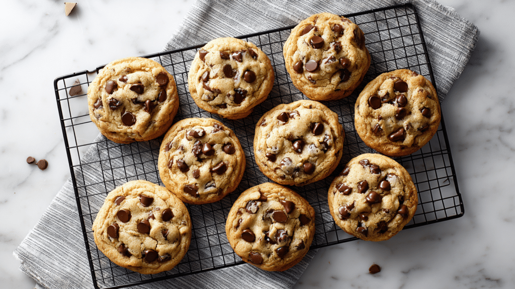GMA cookie recipes with chocolate chip cookies cooling on a wire rack over marble and linen