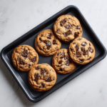 Freshly baked chocolate chunk cookies with sea salt in a modern black baking tray on a white marble surface
